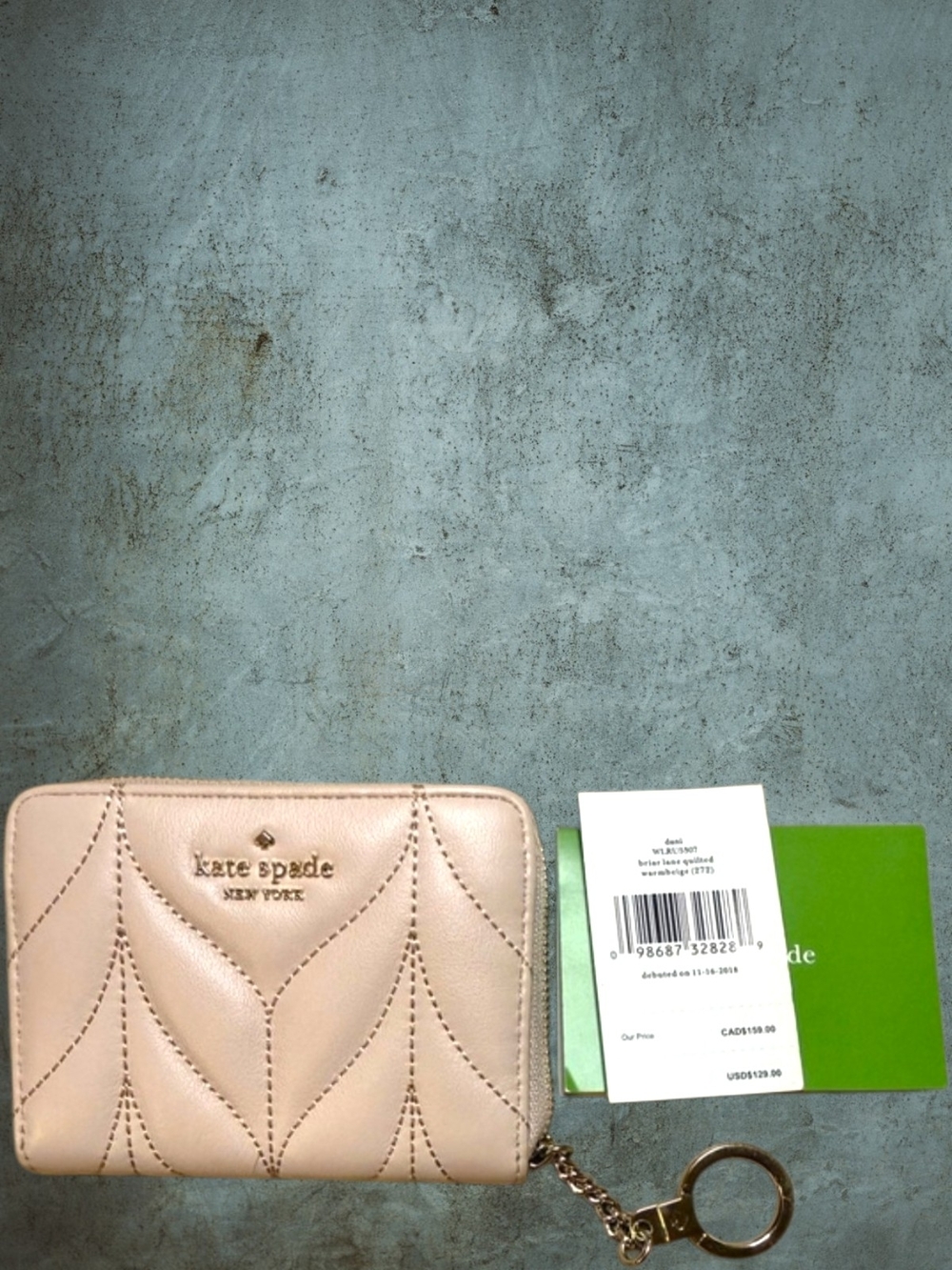 NWT Kate Spade Briar Lane Quilted Zip Card Holder Warm Beige Leather Wallet